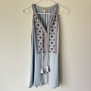 Miami Blue Embroidered Mini Dress Aztec Print Tassel Tank Top Summer Flowy